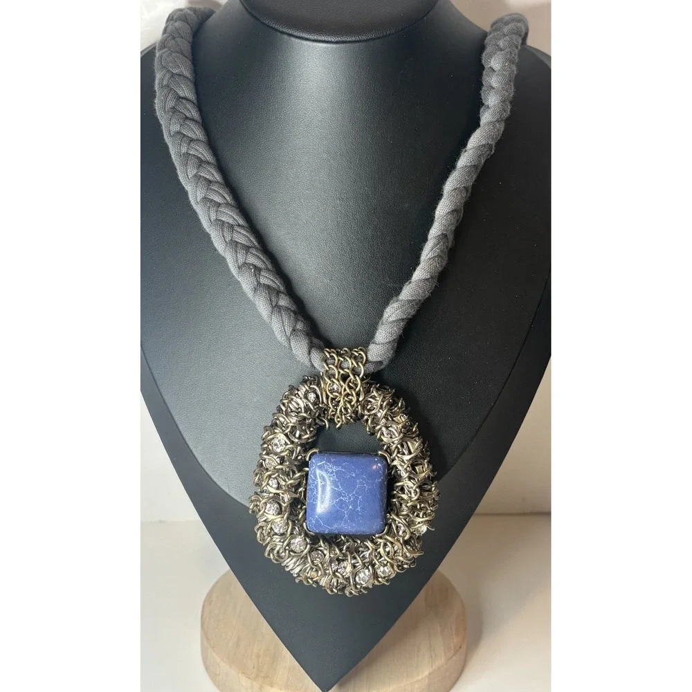 Artisan Statement Necklace Blue Glass Cabochon Rhinestone Pendant Boho